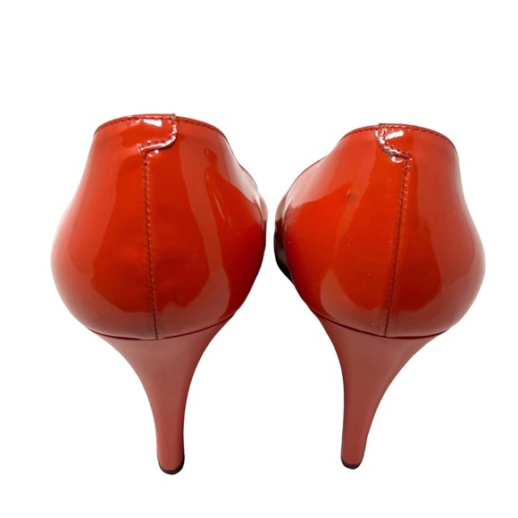 Jimmy Choo Patent Leather Orange Red Wedge Peep Toe Heels - Picture 5 of 9